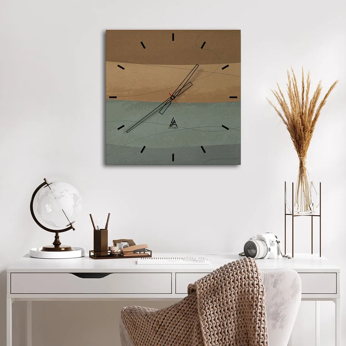 Reloj de pared - Reloj de vidrio - Composición abstracta en tonos tierra naturales. - 30x30cm - Composición horizontal - Decoración de pared moderna para salón y dormitorio ARTTOR