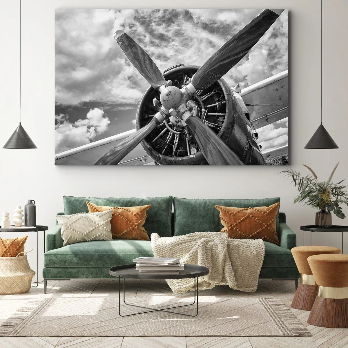 Cuadro sobre lienzo - Impresión de Imagen - Una fotografía en blanco y negro de la hélice de un avión contra un cielo dinámico. - 120x80cm - Conquistador de los cielos - Decoración de pared moderna para salón y dormitorio ARTTOR