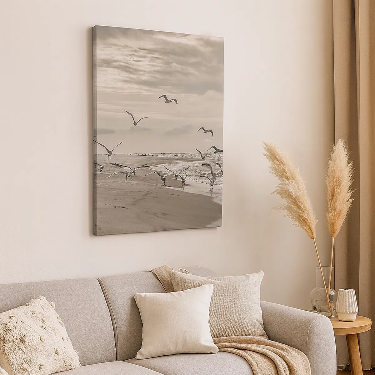 Cuadro sobre lienzo - Impresión de Imagen - Una gaviota en vuelo sobre un paisaje costero - 50x70cm - El sonido del mar, el canto de los pájaros - Decoración de pared moderna para salón y dormitorio ARTTOR