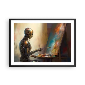Póster en marco negro - Un robot pintando sobre un lienzo con un estilo artístico. - 70x50cm - Arte del futuro - Decoración de pared moderna para salón y dormitorio ARTTOR