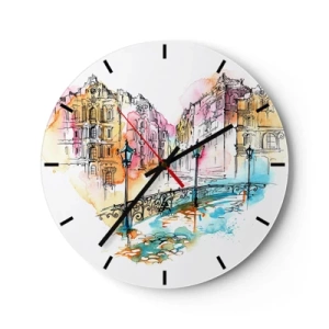 Reloj de pared - Reloj de vidrio - Un colorido panorama de la ciudad con un puente y elegantes linternas en acuarela. - 30x30cm - El corazón de la ciudad - Decoración de pared moderna para salón, cocina y dormitorio ARTTOR