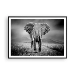 Póster en marco negro - Un poderoso elefante en la sabana en tonos monocromáticos. - 100x70cm - El anfitrión da la bienvenida - Decoración de pared moderna para salón y dormitorio ARTTOR