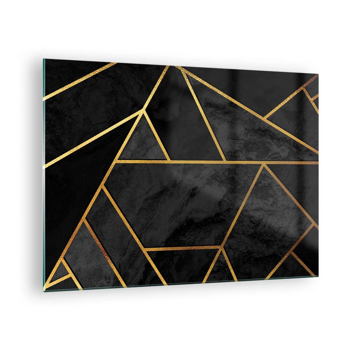 Cuadro sobre vidrio - Impresiones sobre Vidrio - Composición geométrica negra y dorada sobre un fondo de mármol. - 70x50cm - Oscuridad y brillo - Decoración de pared moderna para salón y dormitorio ARTTOR