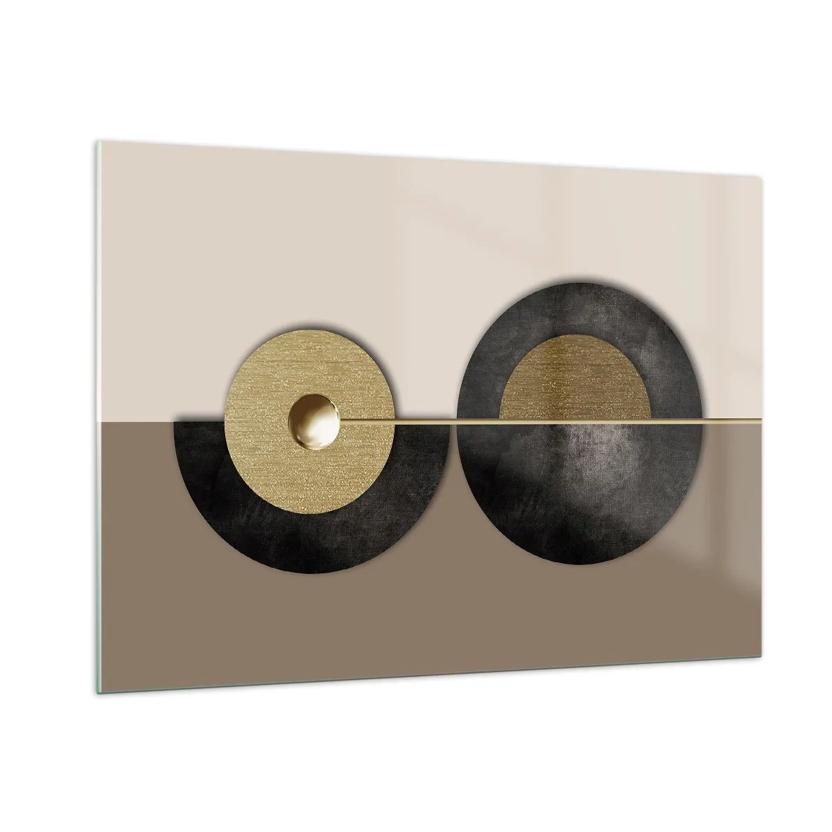 Cuadro sobre vidrio - Impresiones sobre Vidrio - Círculos geométricos en dorado y negro sobre fondo beige. - 100x70cm - Variaciones en torno a un círculo - Decoración de pared moderna para salón y dormitorio ARTTOR