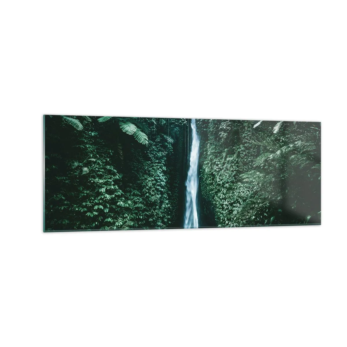 Cuadro sobre vidrio - Impresiones sobre Vidrio - Una cascada rodeada de densa vegetación tropical. - 140x50cm - Balneario tropical - Decoración de pared moderna para salón y dormitorio ARTTOR