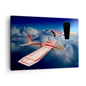 Cuadro sobre lienzo - Impresión de Imagen - Dos aviones de madera volando sobre las nubes contra un cielo azul. - 70x50cm - Más alto, más lejos - Decoración de pared moderna para salón y dormitorio ARTTOR