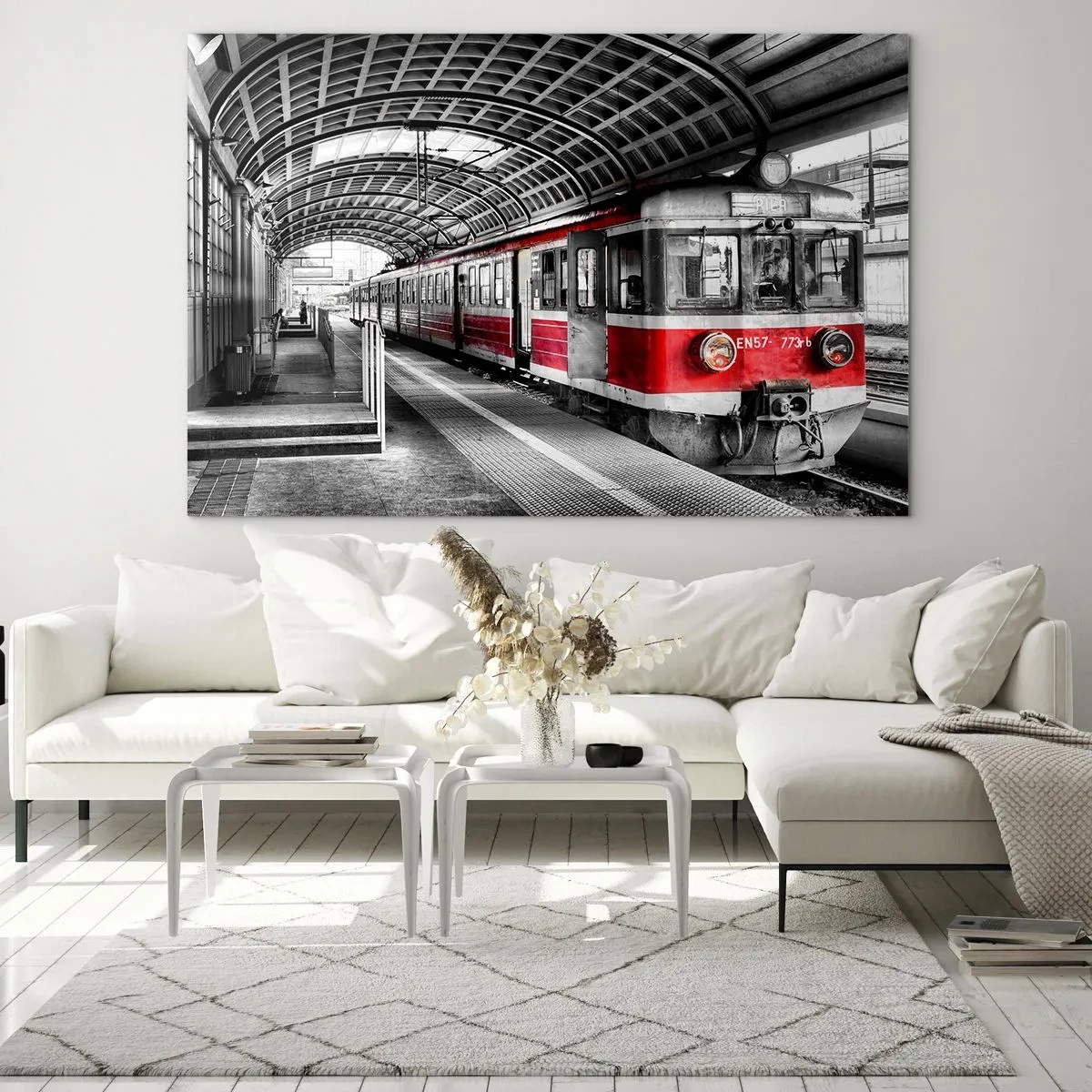 Cuadro sobre vidrio - Impresiones sobre Vidrio - Tren rojo en la estación bajo techo. - 120x80cm - ¿El viaje de su vida? - Decoración de pared moderna para salón y dormitorio ARTTOR