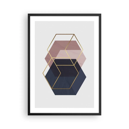 Póster en marco negro - Formas geométricas doradas sobre un fondo en tonos azul marino y rosa. - 50x70cm - El poder de la sencillez - Decoración de pared moderna para salón y dormitorio ARTTOR