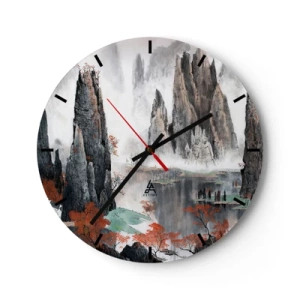 Reloj de pared - Reloj de vidrio - Paisaje tradicional de montaña con niebla y árboles rojos. - 30x30cm - Poderosos guardianes - Decoración de pared moderna para salón, cocina y dormitorio ARTTOR