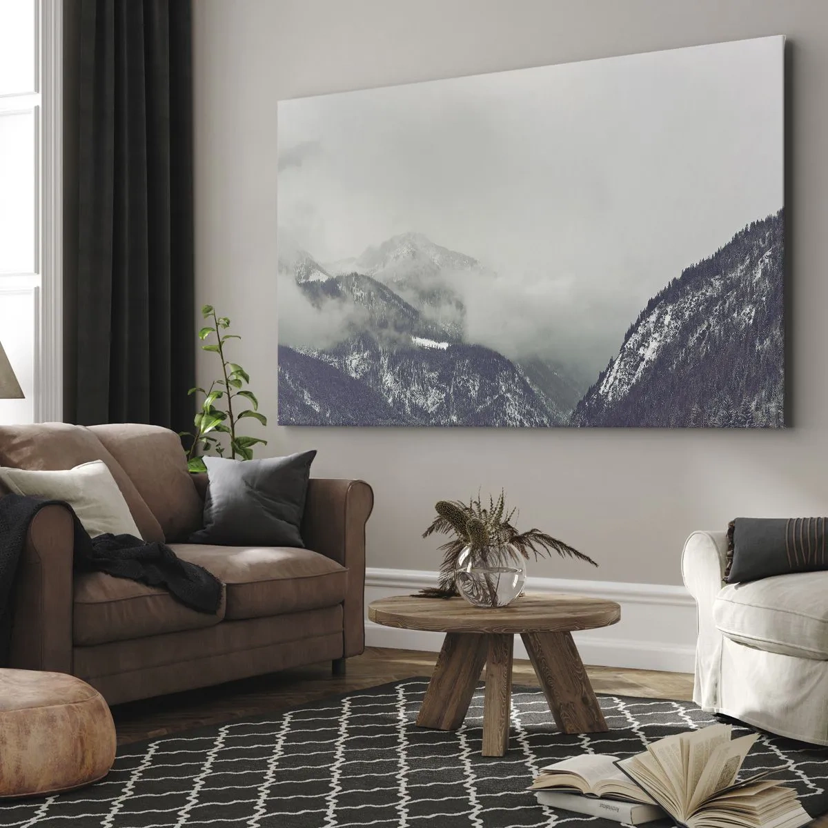 Cuadro sobre lienzo - Impresión de Imagen - Un valle de montaña envuelto en niebla en tonos grises. - 120x80cm - Valle de la niebla - Decoración de pared moderna para salón y dormitorio ARTTOR