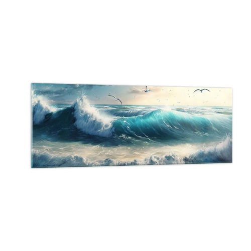 Cuadro sobre vidrio - Impresiones sobre Vidrio - Olas del mar en la playa bajo un cielo azul con gaviotas - 140x50cm - La brisa solo para ti - Decoración de pared moderna para salón y dormitorio ARTTOR