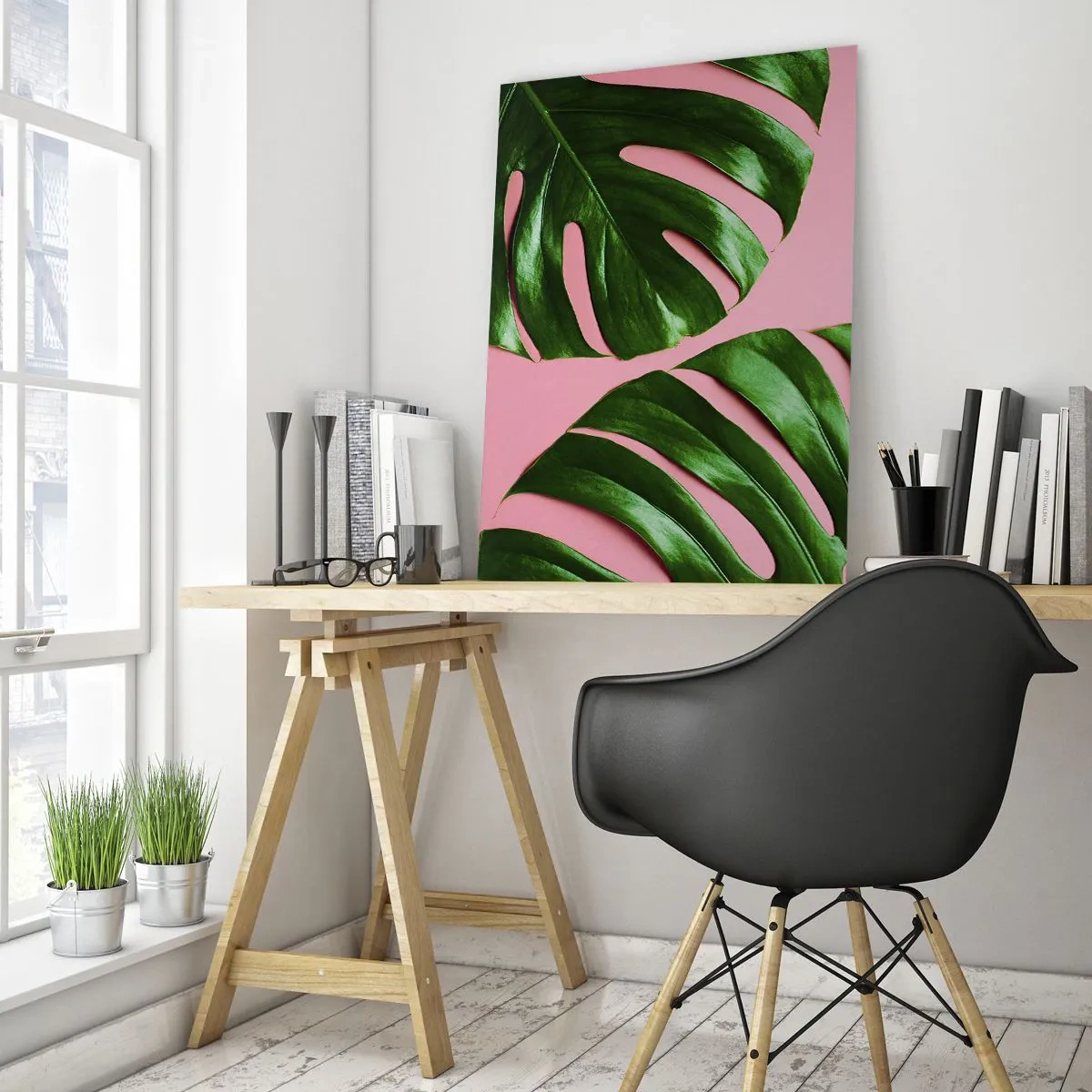 Cuadro sobre vidrio - Impresiones sobre Vidrio - Hojas de monstera verde sobre un fondo rosa - 70x100cm - Cita con el verde - Decoración de pared moderna para salón y dormitorio ARTTOR