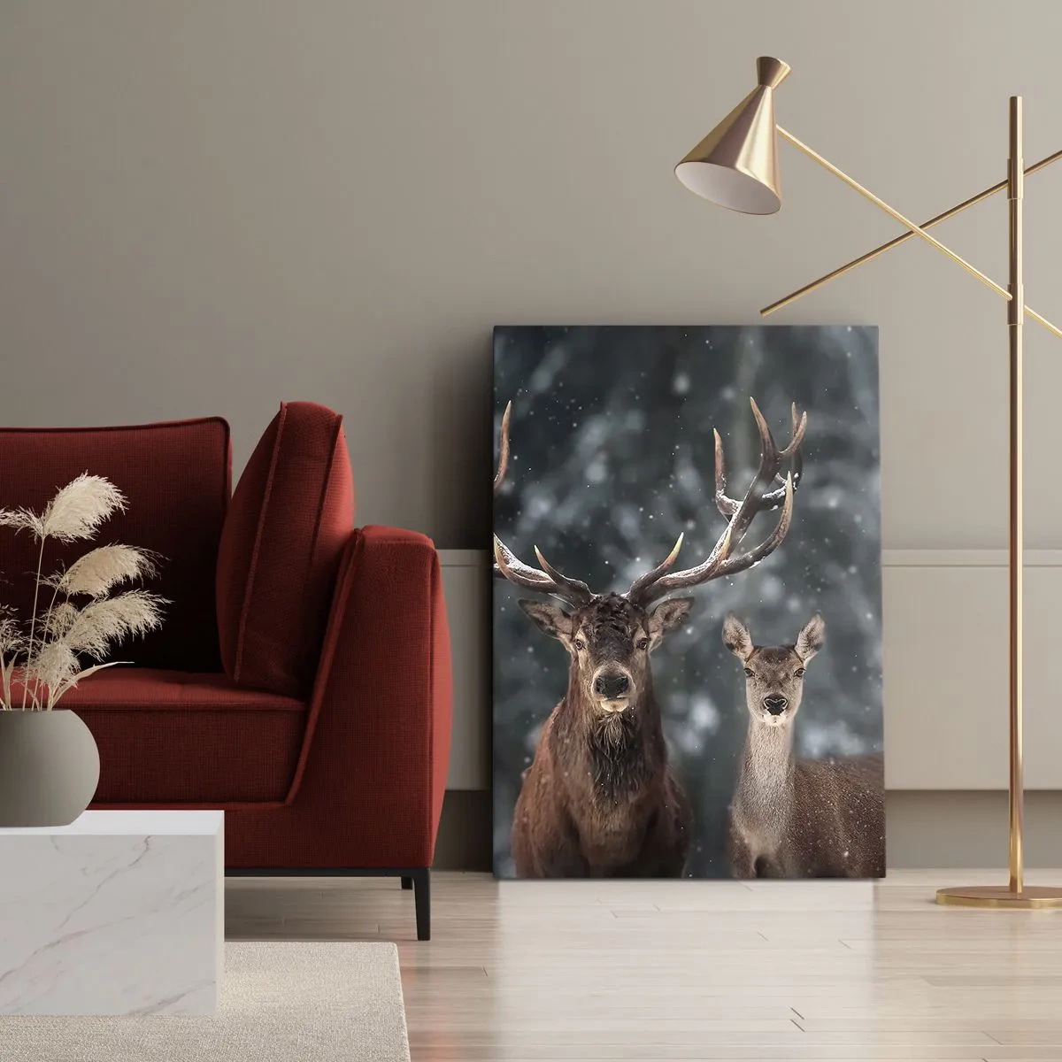 Cuadro sobre lienzo - Impresión de Imagen - Ciervos en un bosque invernal cubierto de nieve - 50x70cm - El señor y la señora del bosque - Decoración de pared moderna para salón y dormitorio ARTTOR