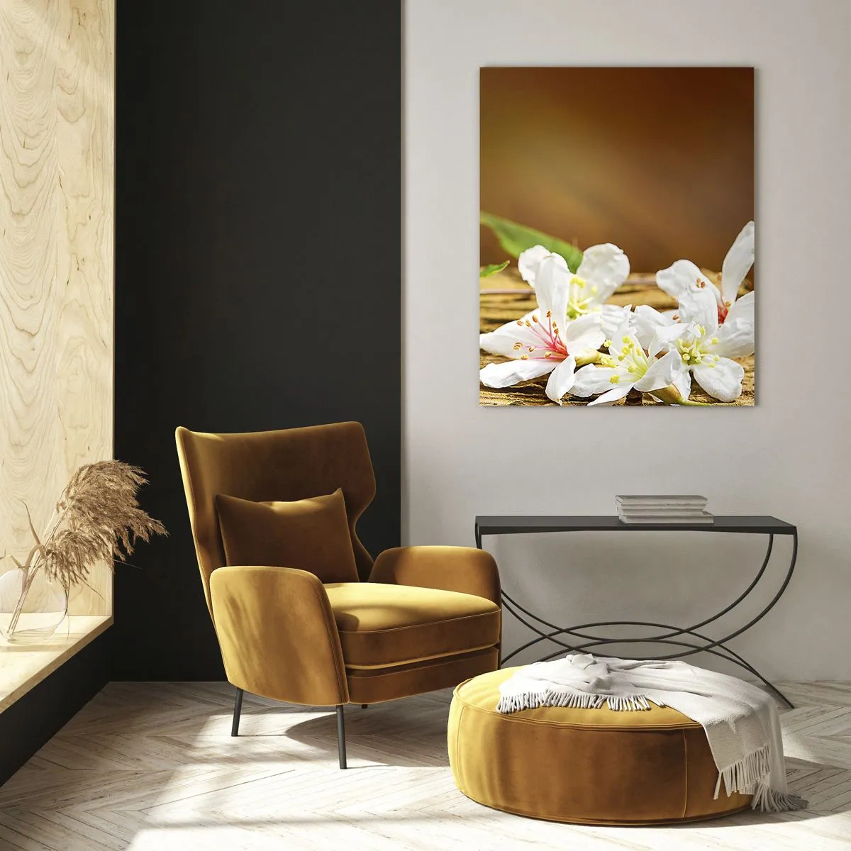 Cuadro sobre vidrio - Impresiones sobre Vidrio - Flores blancas sobre un fondo de madera con luz natural. - 80x120cm - Una promesa inocente - Decoración de pared moderna para salón y dormitorio ARTTOR