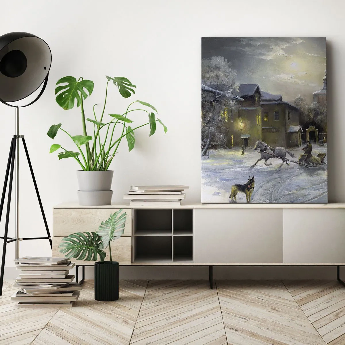 Cuadro sobre lienzo - Impresión de Imagen - Paisaje invernal en un pueblo ruso con un trineo y una iglesia. - 50x70cm - La magia de un invierno ruso - Decoración de pared moderna para salón y dormitorio ARTTOR