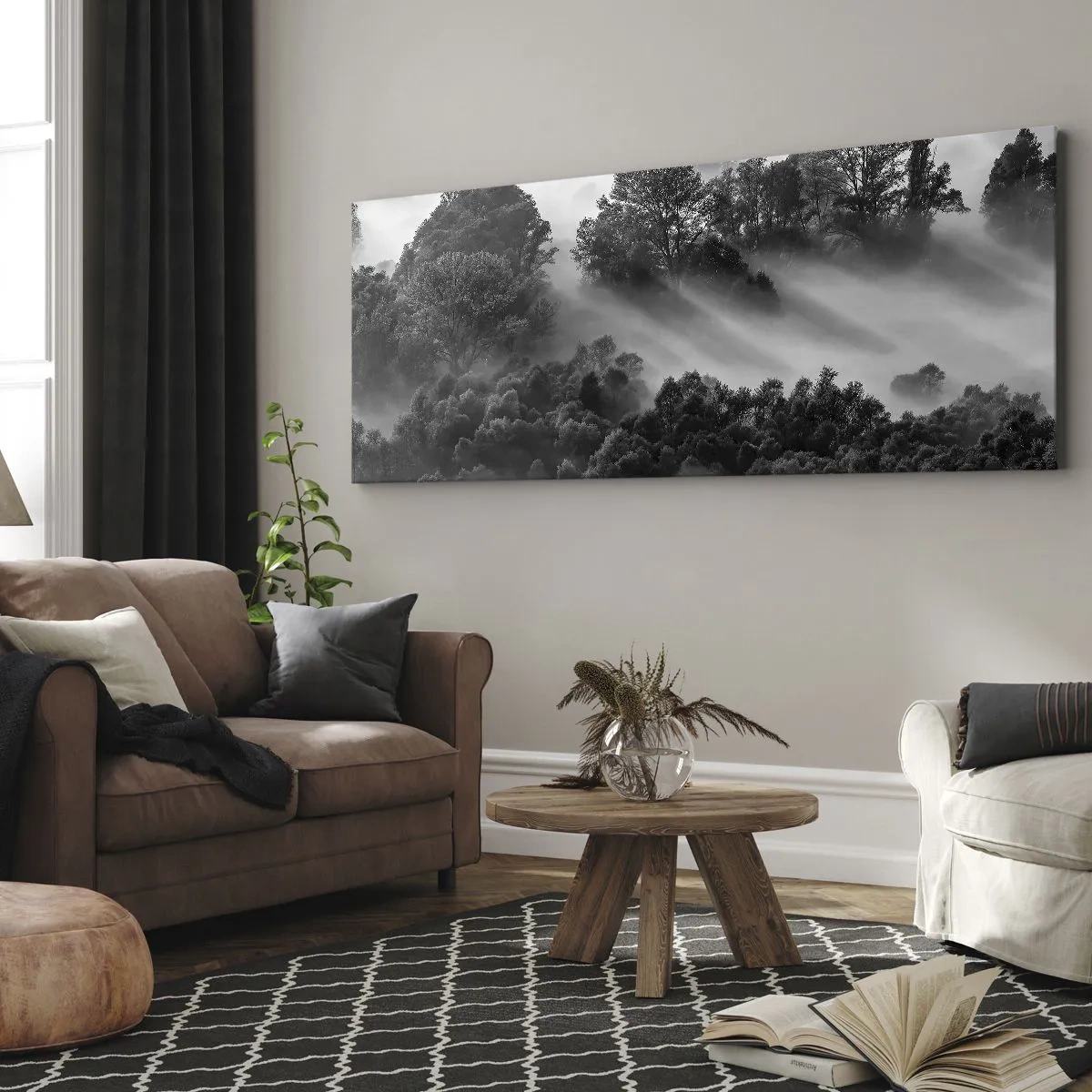 Cuadro sobre lienzo - Impresión de Imagen - Paisaje forestal en blanco y negro en la niebla matutina - 160x50cm - Levantarse del sueño - Decoración de pared moderna para salón y dormitorio ARTTOR