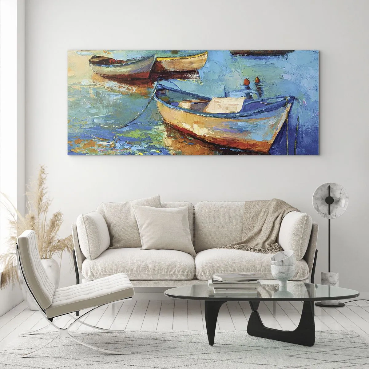 Cuadro sobre vidrio - Impresiones sobre Vidrio - Barcos coloridos amarrados en aguas tranquilas - 160x50cm - En la bahía sur - Decoración de pared moderna para salón y dormitorio ARTTOR