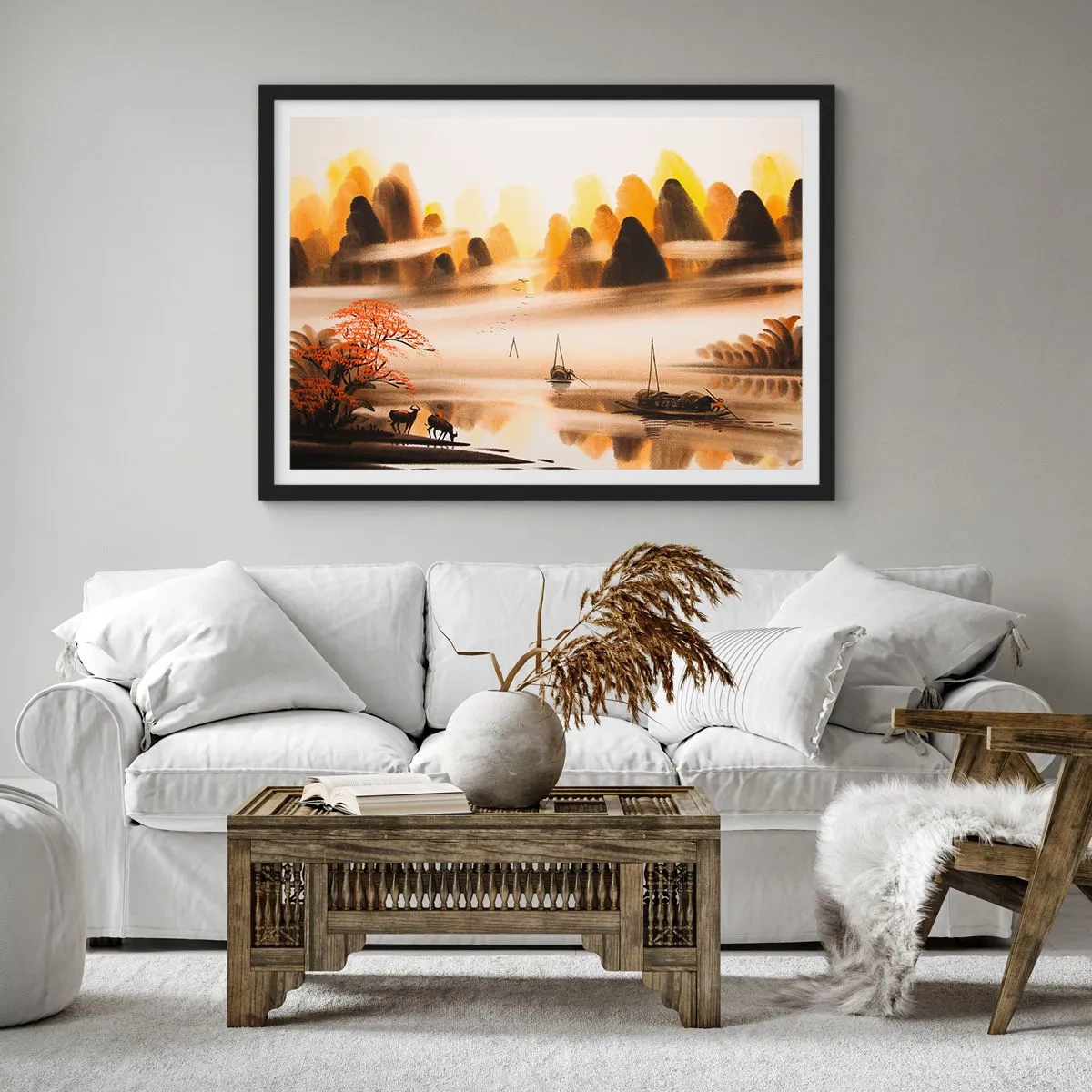 Póster en marco negro - Un paisaje oriental con un río, montañas y una suave niebla. - 100x70cm - Más allá del Lejano Oriente - Decoración de pared moderna para salón y dormitorio ARTTOR