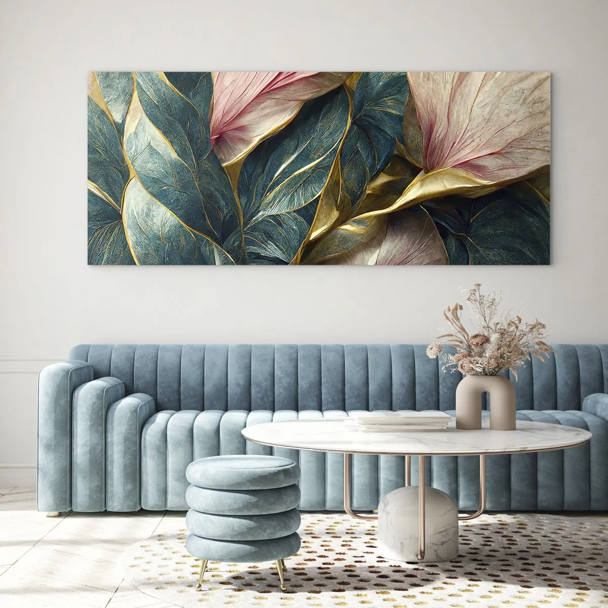 Cuadro sobre vidrio - Impresiones sobre Vidrio - Hojas elegantes en verde, dorado y rosa. - 140x50cm - Elegancia y estilo naturales - Decoración de pared moderna para salón y dormitorio ARTTOR
