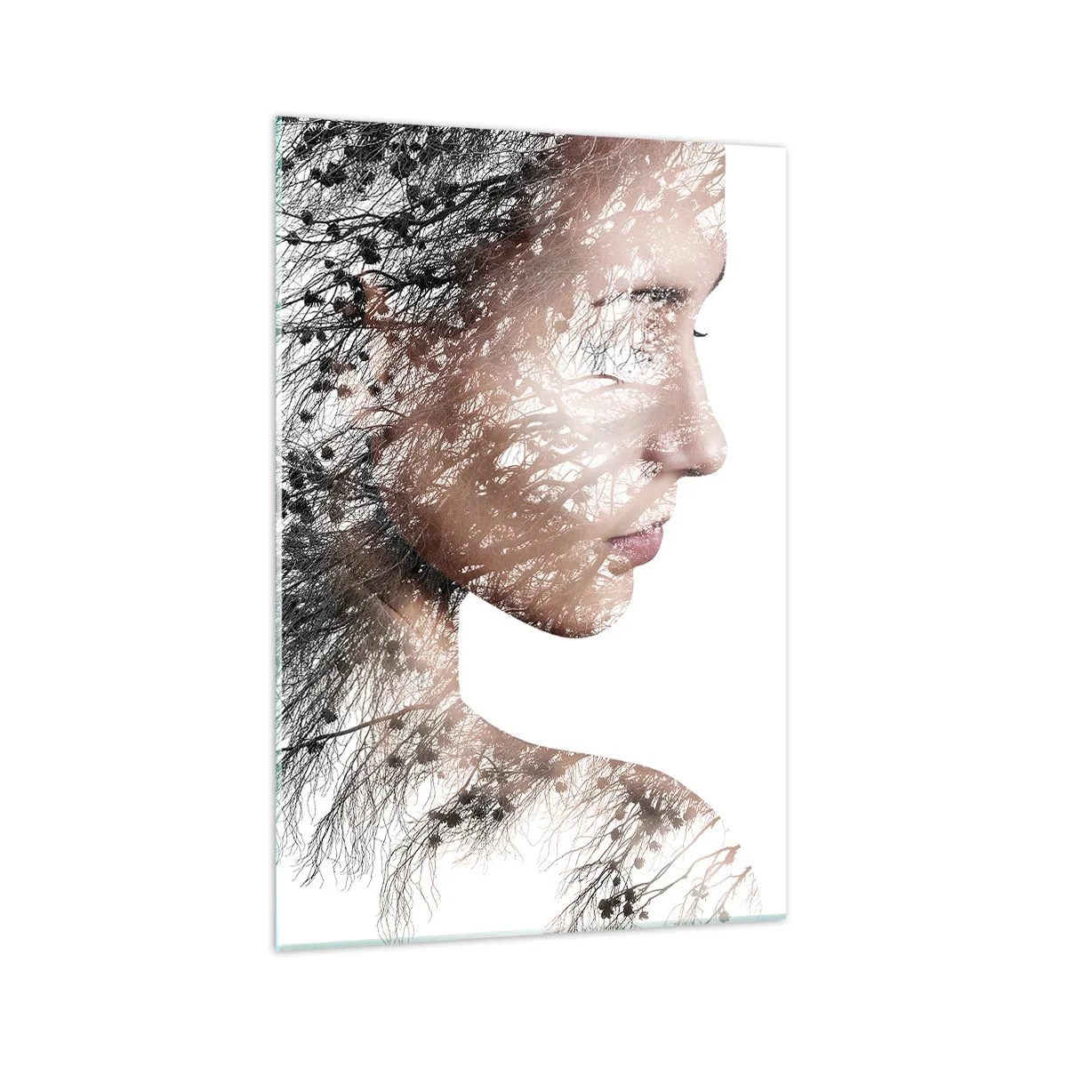 Cuadro sobre vidrio - Impresiones sobre Vidrio - Silueta de una mujer con una rama y un motivo de pájaro en el fondo. - 70x100cm - Espíritu del bosque - Decoración de pared moderna para salón y dormitorio ARTTOR