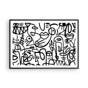 Póster en marco negro - Dibujos abstractos en blanco y negro con motivos faciales. - 100x70cm - Rostros y espejismos - Decoración de pared moderna para salón y dormitorio ARTTOR