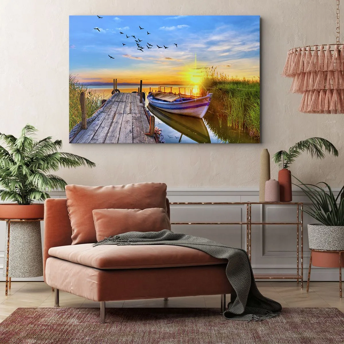 Cuadro sobre lienzo - Impresión de Imagen - Un barco en un muelle de madera al atardecer. - 120x80cm - Adiós, hasta mañana - Decoración de pared moderna para salón y dormitorio ARTTOR