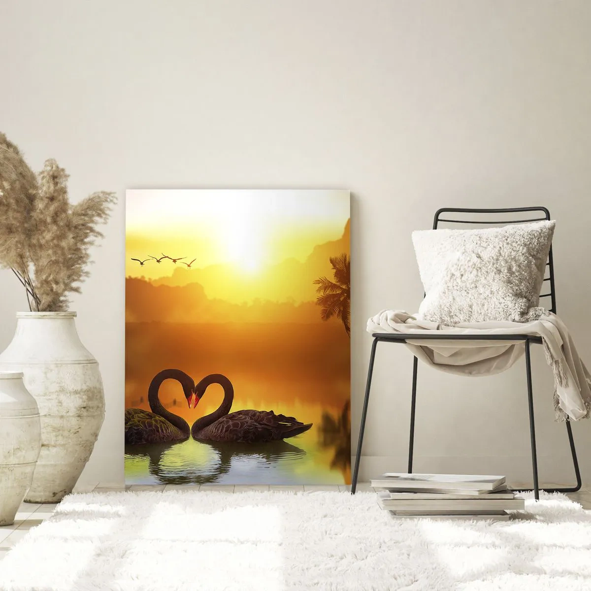 Cuadro sobre vidrio - Impresiones sobre Vidrio - Dos cisnes negros formando un corazón con el telón de fondo de un atardecer en el lago. - 80x120cm - Todo a juego - Decoración de pared moderna para salón y dormitorio ARTTOR
