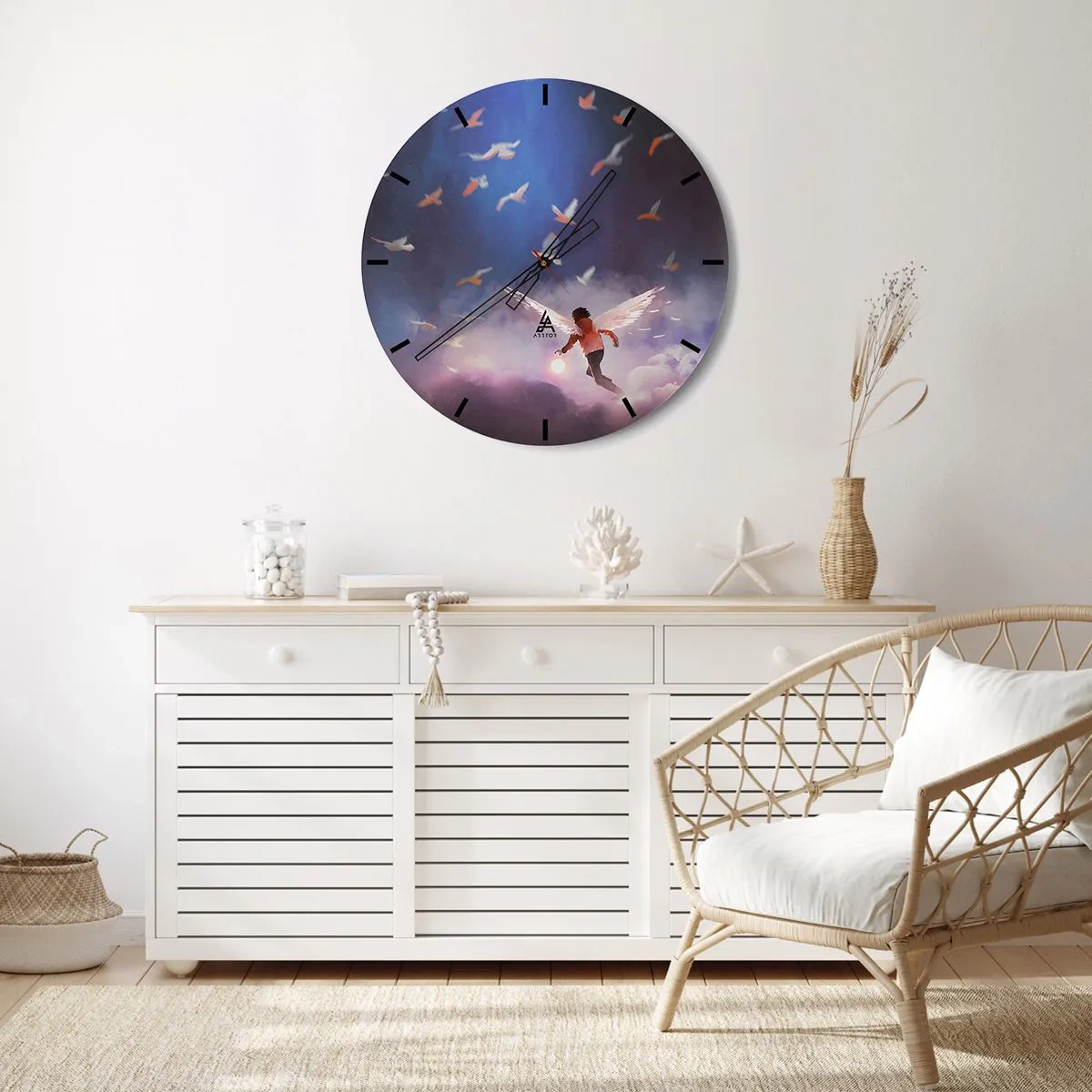 Reloj de pared - Reloj de vidrio - Una figura con alas de ángel entre pájaros contra el cielo. - 30x30cm - Imaginación y valor - Decoración de pared moderna para salón, cocina y dormitorio ARTTOR