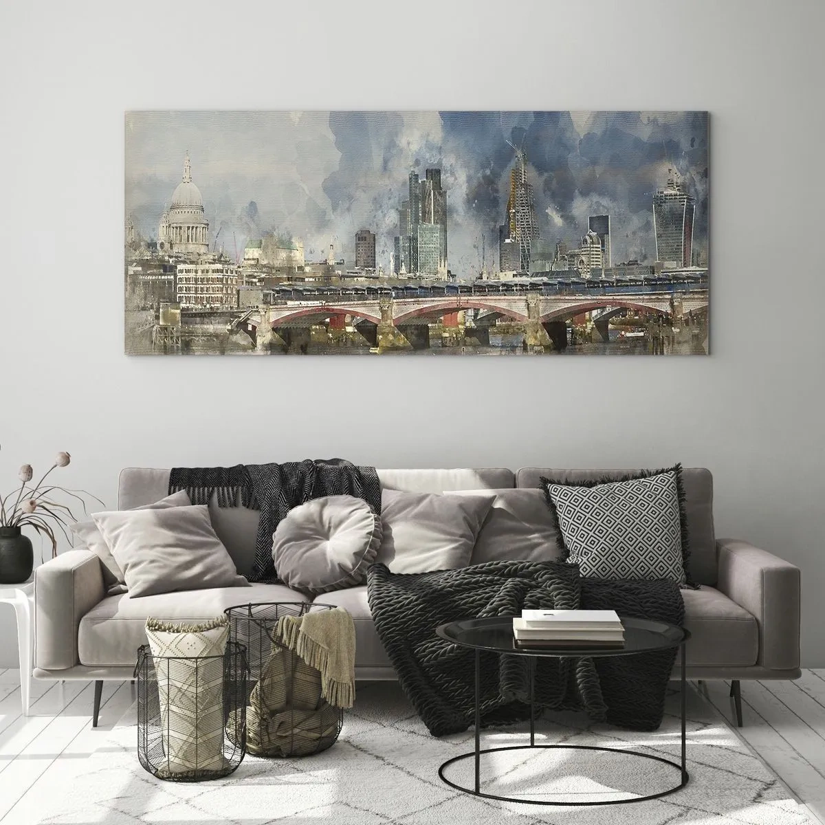 Cuadro sobre vidrio - Impresiones sobre Vidrio - Vista en acuarela del puente y el horizonte de la ciudad. - 120x50cm - Londres en todo su esplendor - Decoración de pared moderna para salón y dormitorio ARTTOR
