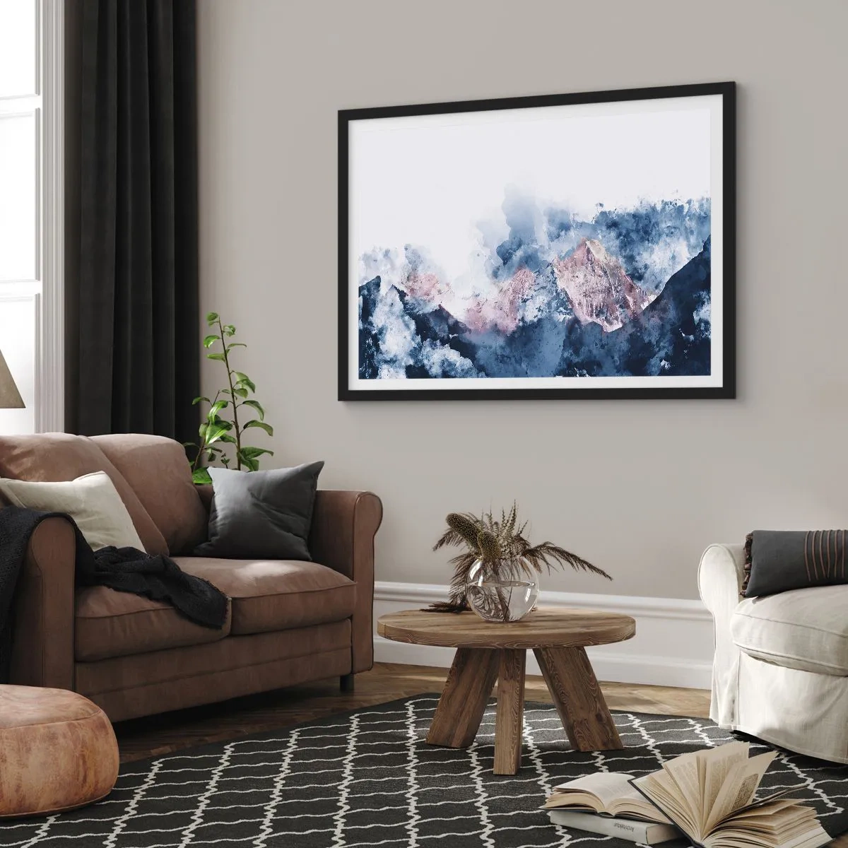 Póster en marco negro - Montañas de acuarela en tonos pastel sobre un fondo blanco. - 100x70cm - El techo del mundo - Decoración de pared moderna para salón y dormitorio ARTTOR