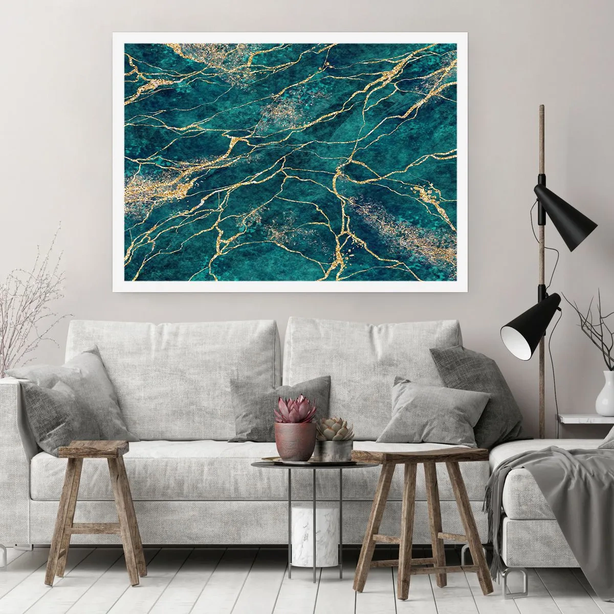 Póster - Patrón de mármol texturizado en tonos turquesa y dorado. - 100x70cm - Riachuelos de oro - Decoración de pared moderna para salón y dormitorio ARTTOR