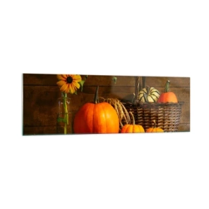 Cuadro sobre vidrio - Impresiones sobre Vidrio - Composición otoñal con calabazas y flores sobre un fondo de madera. - 160x50cm - Composición rústica - regalos de otoño - Decoración de pared moderna para salón y dormitorio ARTTOR