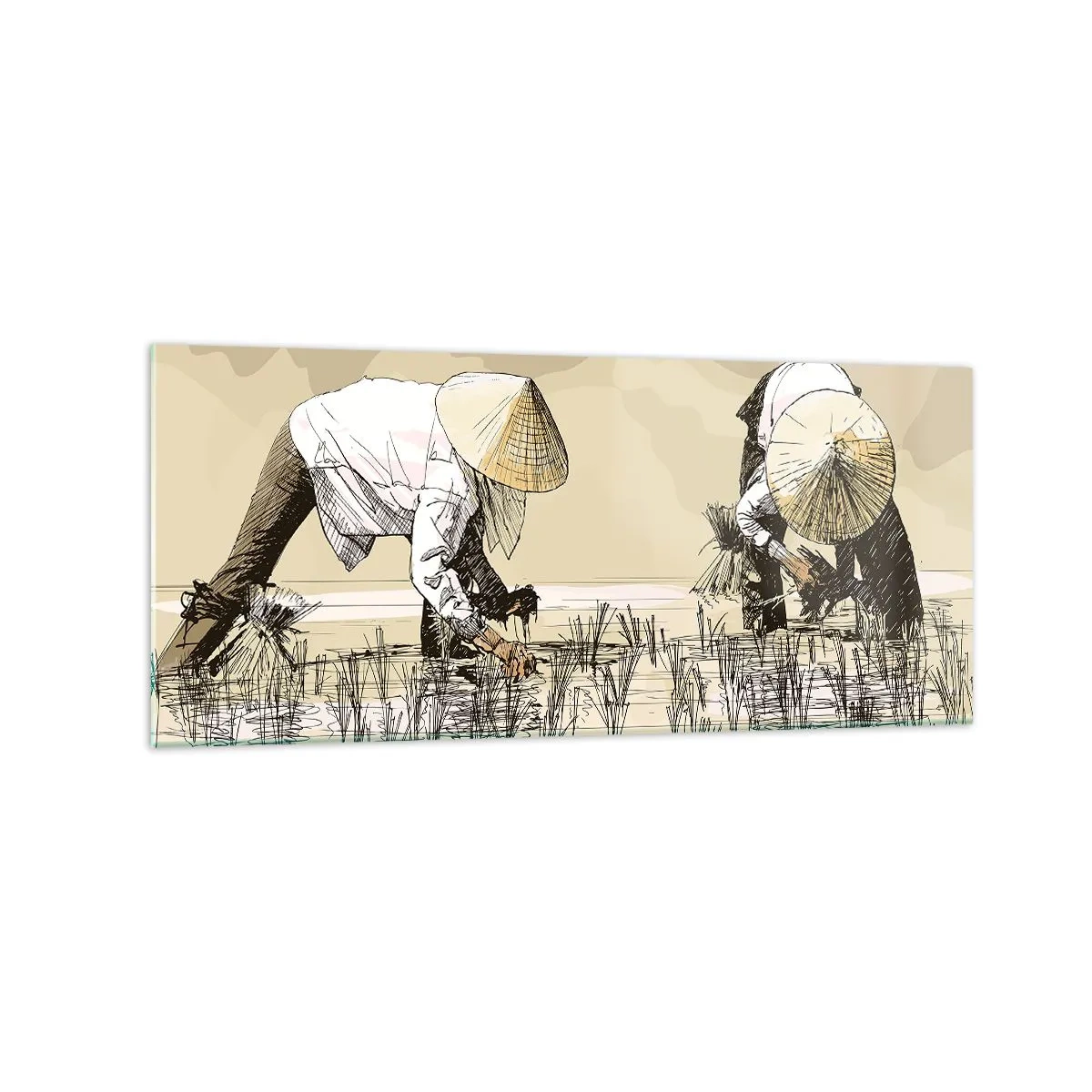 Cuadro sobre vidrio - Impresiones sobre Vidrio - Agricultores trabajando en un campo de arroz con sombreros tradicionales - 120x50cm - De una cosecha exitosa - Decoración de pared moderna para salón y dormitorio ARTTOR
