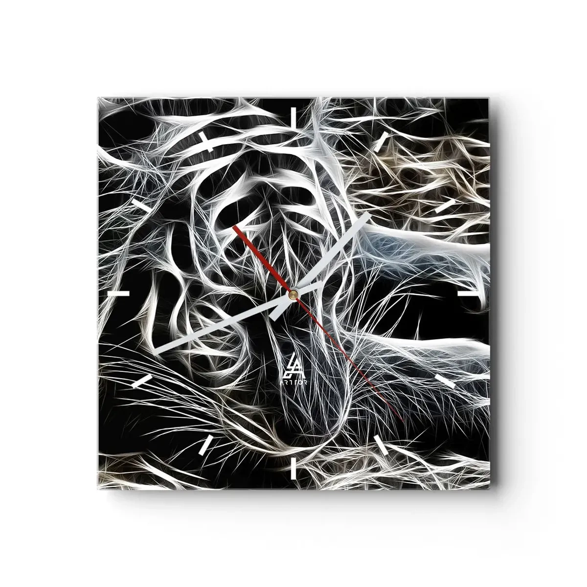 Reloj de pared - Reloj de vidrio - Un patrón abstracto que representa la silueta de un gato sobre un fondo negro. - 30x30cm - Un estudio sobre la ligereza felina - Decoración de pared moderna para salón y dormitorio ARTTOR