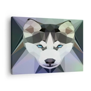 Cuadro sobre lienzo - Impresión de Imagen - Lobo geométrico con expresivos ojos azules. - 70x50cm - El recuerdo de las nieves del norte - Decoración de pared moderna para salón y dormitorio ARTTOR