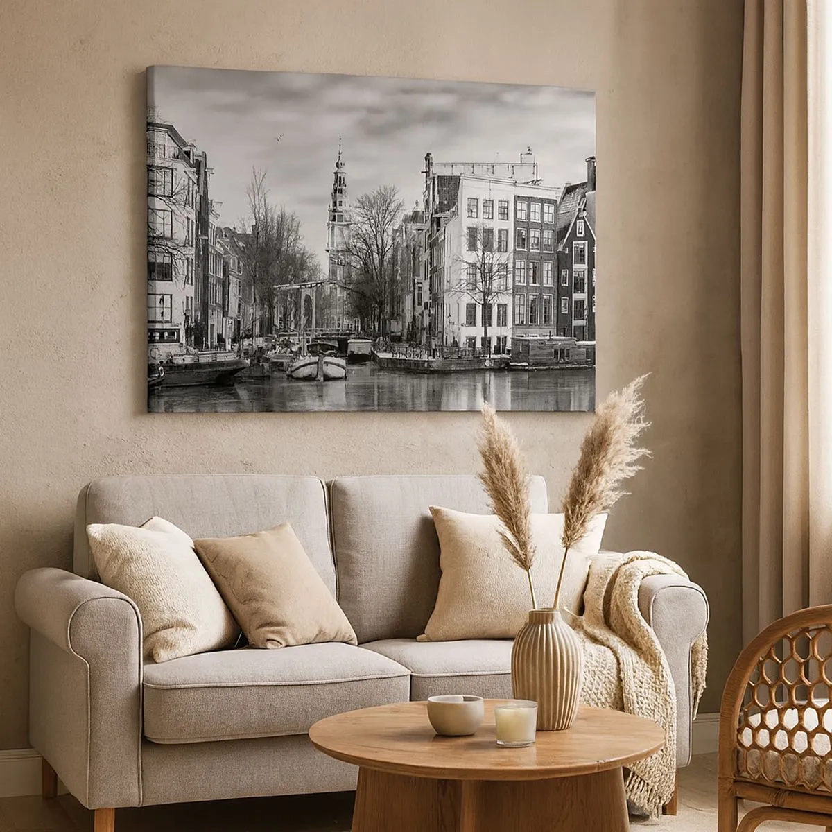 Cuadro sobre lienzo - Impresión de Imagen - Panorama en blanco y negro de Ámsterdam con canal y edificios históricos - 70x50cm - Ambiente de Ámsterdam - Decoración de pared moderna para salón y dormitorio ARTTOR
