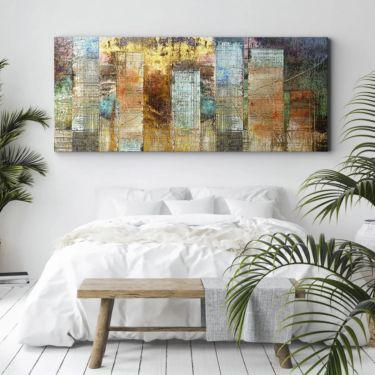 Cuadro sobre lienzo - Impresión de Imagen - Rascacielos abstractos de estilo industrial - 160x50cm - Metrópolis soleada - Decoración de pared moderna para salón y dormitorio ARTTOR