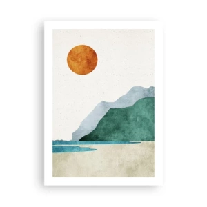 Póster - Paisaje de montaña minimalista con playa y sol. - 50x70cm - Un paisaje como debe ser - Decoración de pared moderna para salón y dormitorio ARTTOR