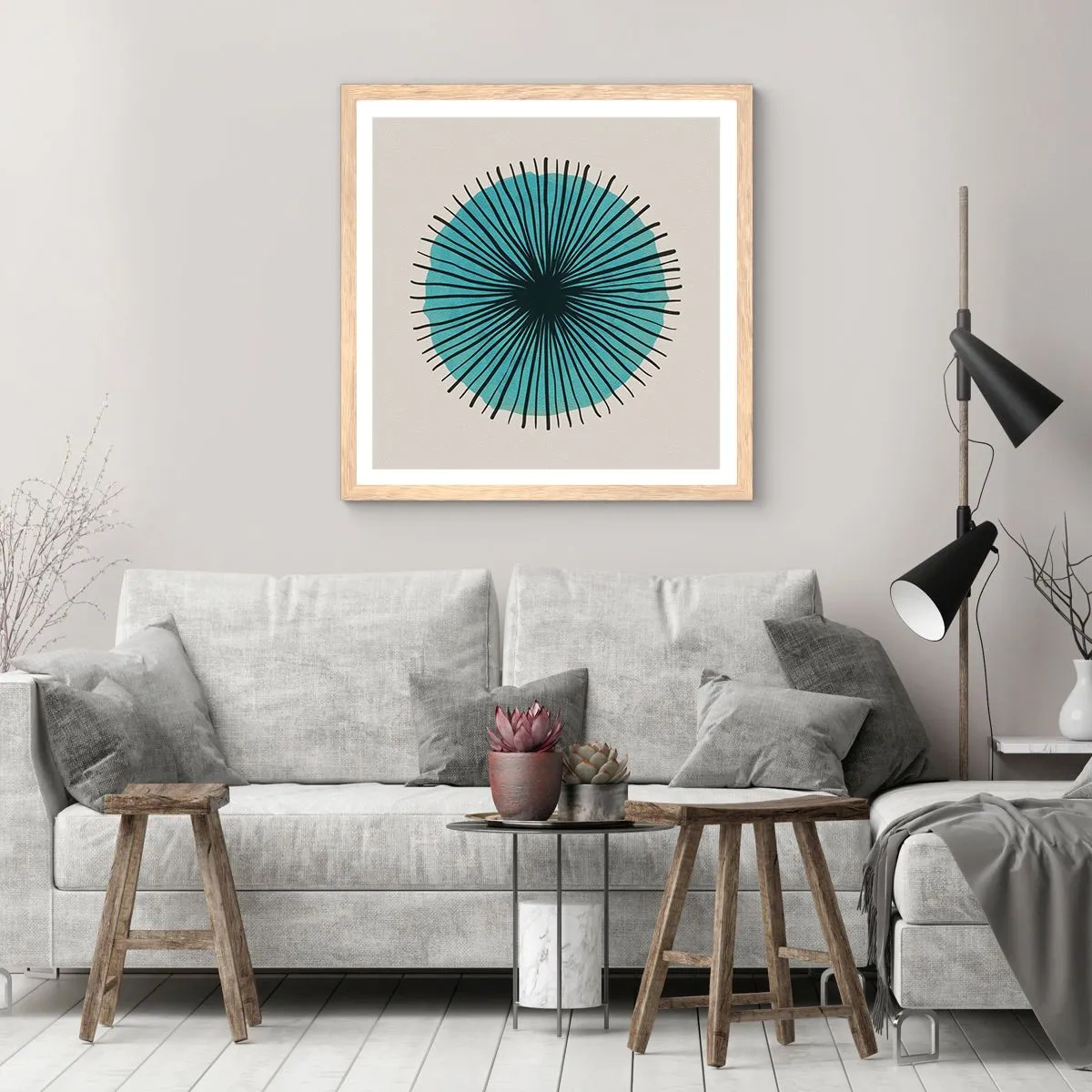 Póster en marco roble claro - Radiante en azul - 50x50 cm