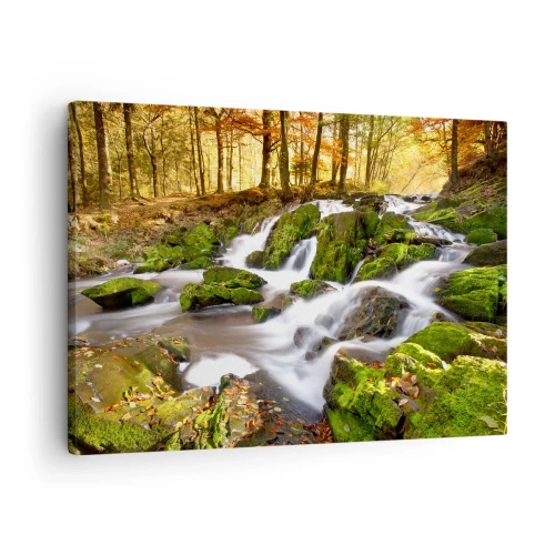 Cuadro sobre lienzo - Impresión de Imagen - Un paisaje boscoso con una cascada rodeada de musgo. - 70x50cm - Atravesando el bosque otoñal - Decoración de pared moderna para salón y dormitorio ARTTOR