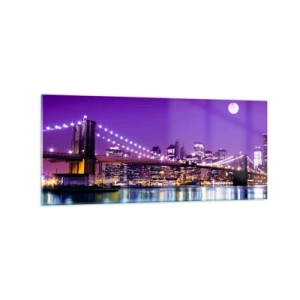 Cuadro sobre vidrio - Impresiones sobre Vidrio - Puente de Brooklyn de noche con la ciudad iluminada y luna llena - 120x50cm - Las luces de una gran ciudad en púrpura - Decoración de pared moderna para salón y dormitorio ARTTOR