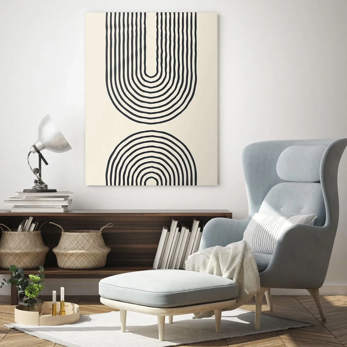 Cuadro sobre vidrio - Impresiones sobre Vidrio - Una pintura abstracta en blanco y negro que representa líneas en forma de arco. - 50x70cm - Próximamente... - Decoración de pared moderna para salón y dormitorio ARTTOR
