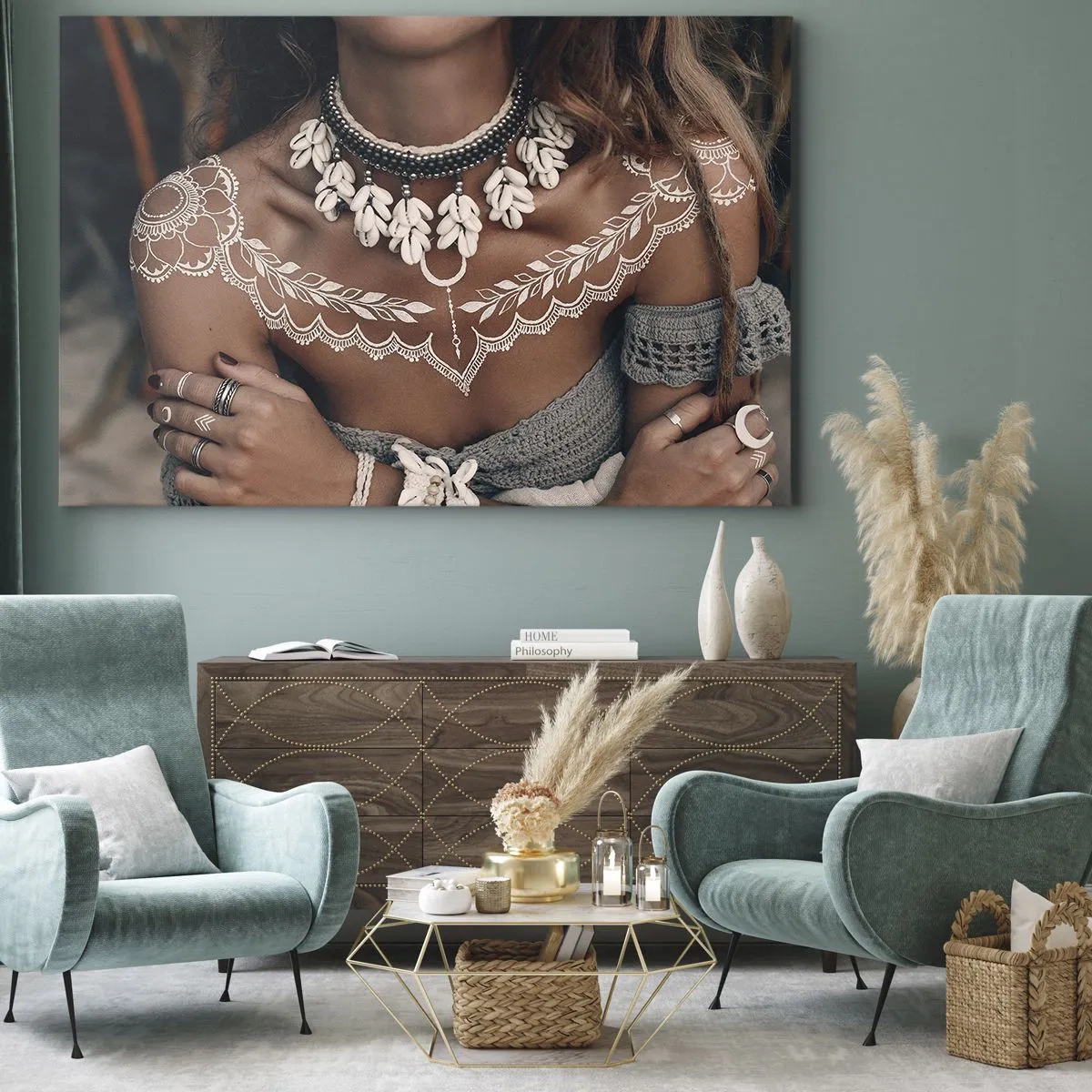 Cuadro sobre lienzo - Impresión de Imagen - Estilo boho con joyas de conchas y patrón de encaje. - 120x80cm - Talismanes, rituales de feminidad - Decoración de pared moderna para salón y dormitorio ARTTOR