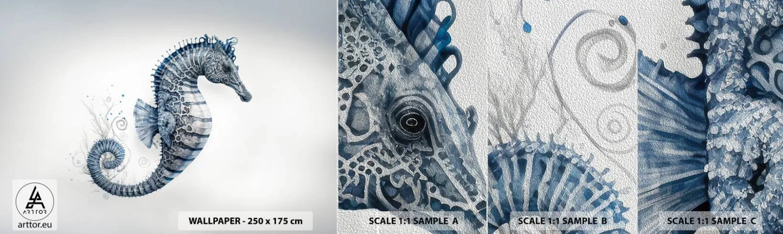 Muestra de fotomural Premium Sand - Una sutil broma de la naturaleza - Caballo de mar, Playa, Arrecife de coral - 100x30 cm