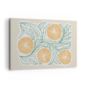 Cuadro sobre lienzo - Impresión de Imagen - Un motivo naranja minimalista con hojas verdes. - 120x80cm - Étnico con un toque de abstracción - Decoración de pared moderna para salón y dormitorio ARTTOR