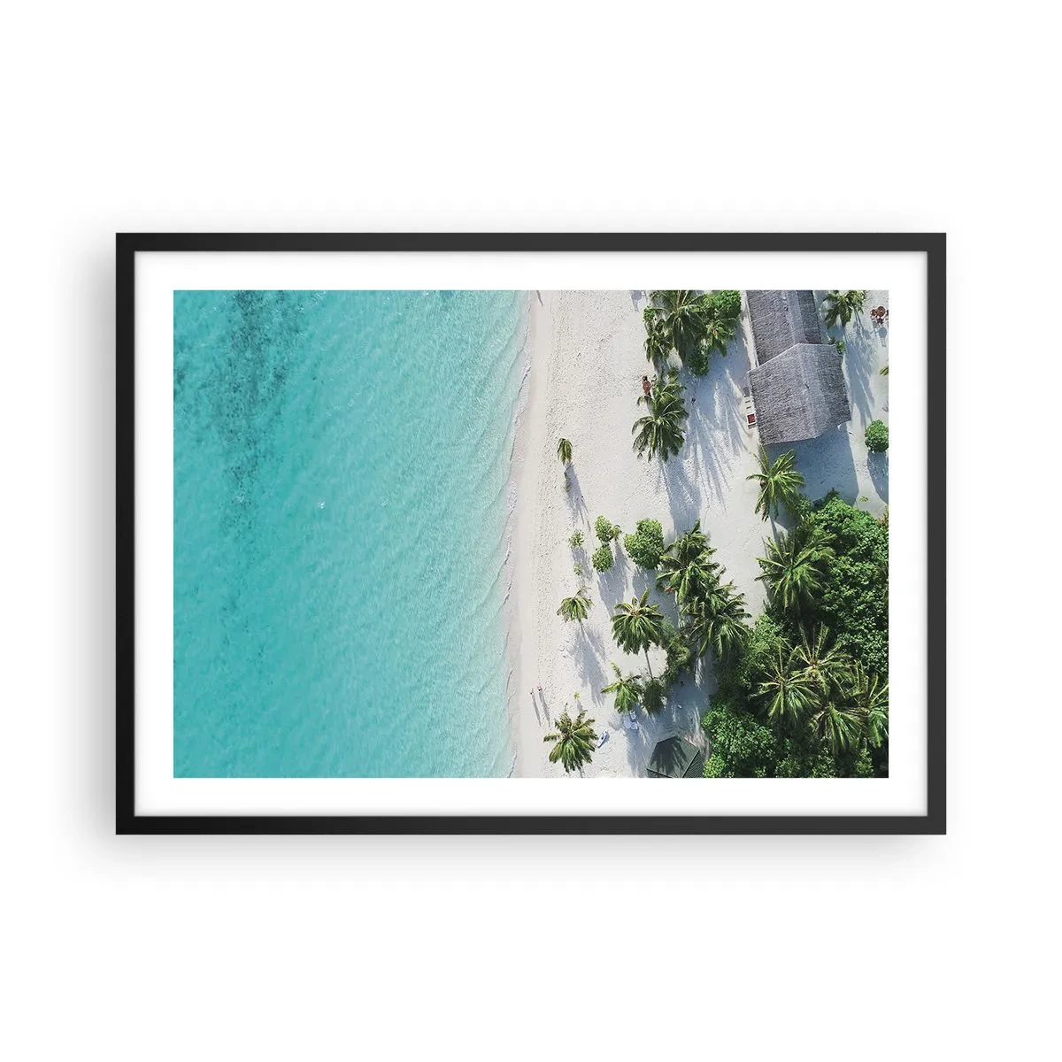 Póster en marco negro - Una vista de pájaro de una playa tropical con agua turquesa y palmeras. - 70x50cm - Vacaciones en el paraíso - Decoración de pared moderna para salón y dormitorio ARTTOR