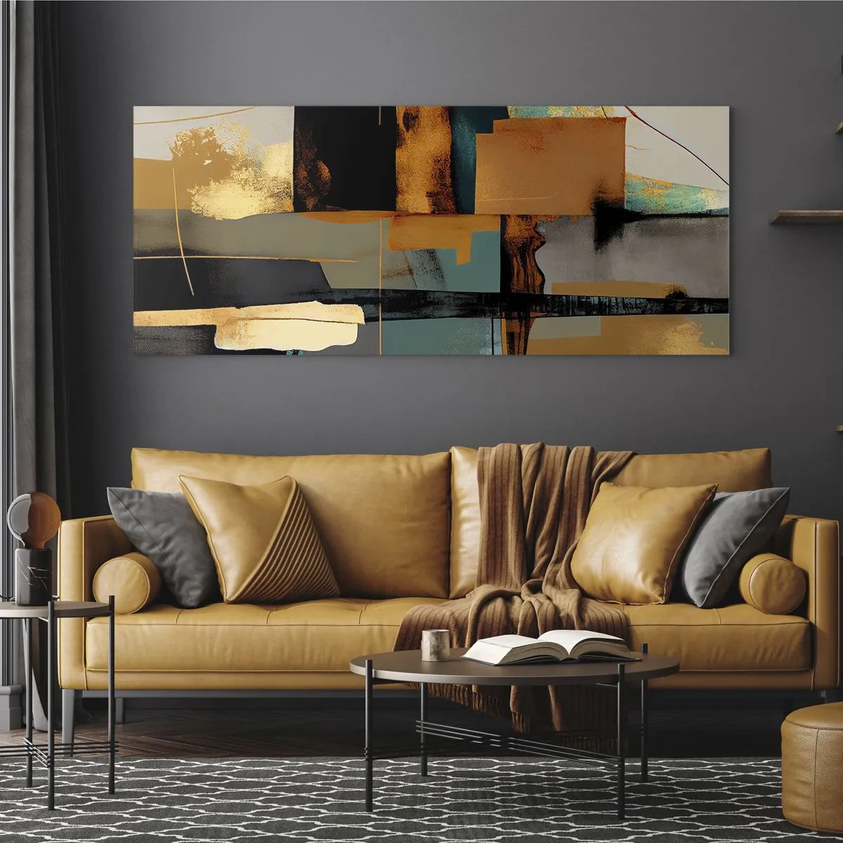 Cuadro sobre vidrio - Impresiones sobre Vidrio - Composición abstracta con elementos dorados y turquesas. - 120x50cm - Abstracción: luces y sombras - Decoración de pared moderna para salón y dormitorio ARTTOR