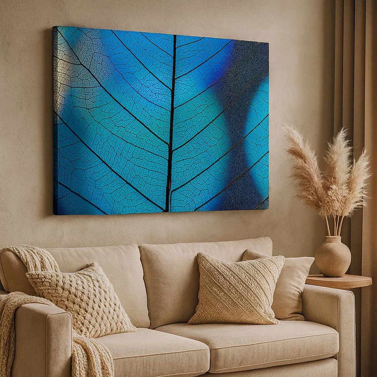 Cuadro sobre lienzo - Impresión de Imagen - Primer plano de una hoja azul con detalle de vena visible - 70x50cm - Construcción intrincada - Decoración de pared moderna para salón y dormitorio ARTTOR