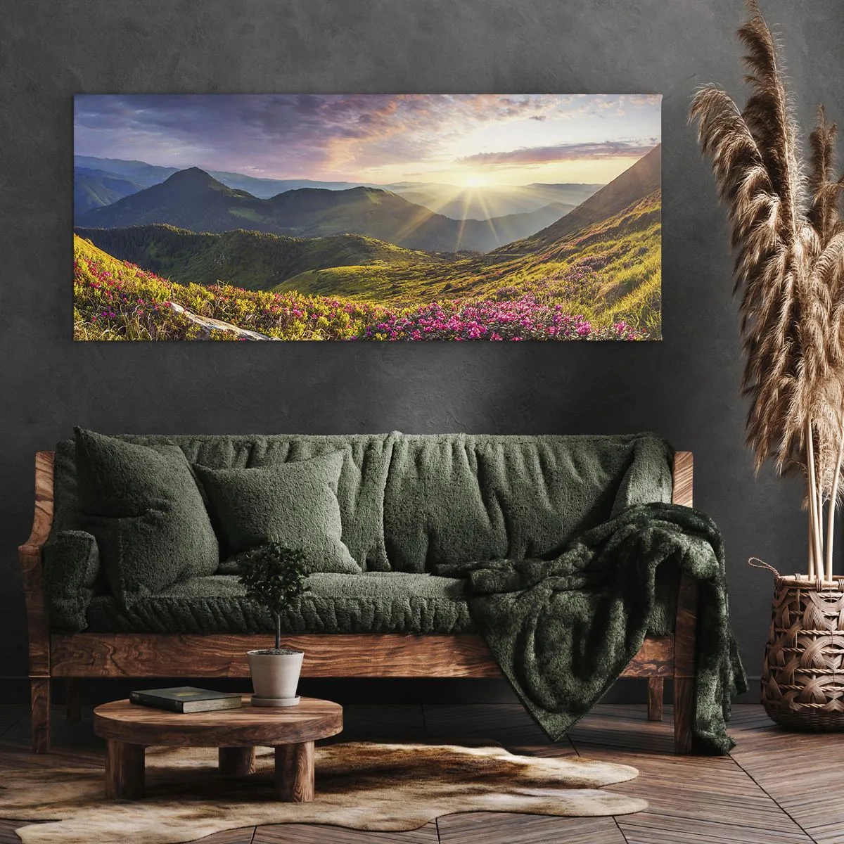 Cuadro sobre lienzo - Impresión de Imagen - Paisaje de montaña con rododendros en flor - 160x50cm - La frescura de una mañana de montaña - Decoración de pared moderna para salón y dormitorio ARTTOR