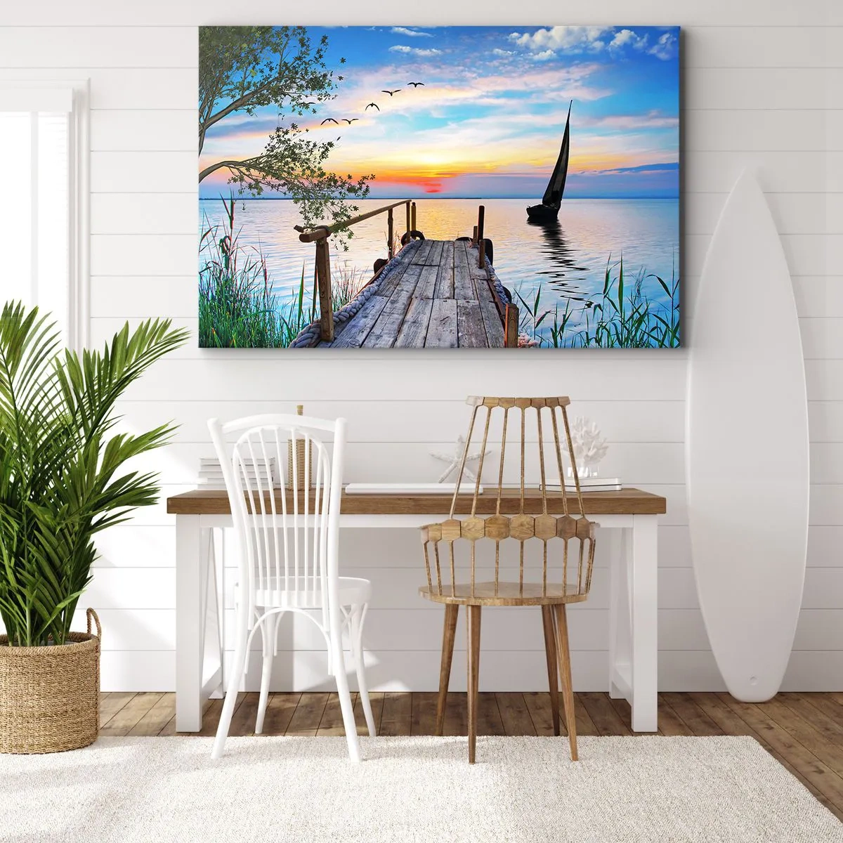 Cuadro sobre lienzo - Impresión de Imagen - Muelle del lago con barco y puesta de sol - 70x50cm - Que llegue la noche - Decoración de pared moderna para salón y dormitorio ARTTOR